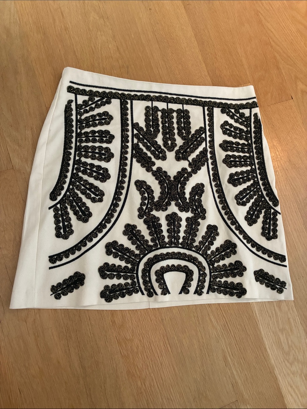 Blue Rain Cream Mini Skirt with Black Beaded Embroidery